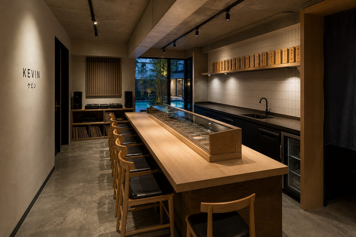 Concept visualization of the handroll counter: a long timber bar with a glass neta case and eight seats, a pair of turntables and a record wall opposite, and glass doors to the pool beyond.