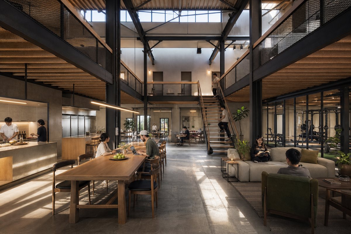 Concept visualization of a double-height commons: long dining table, lounge seating and a mezzanine walkway above.