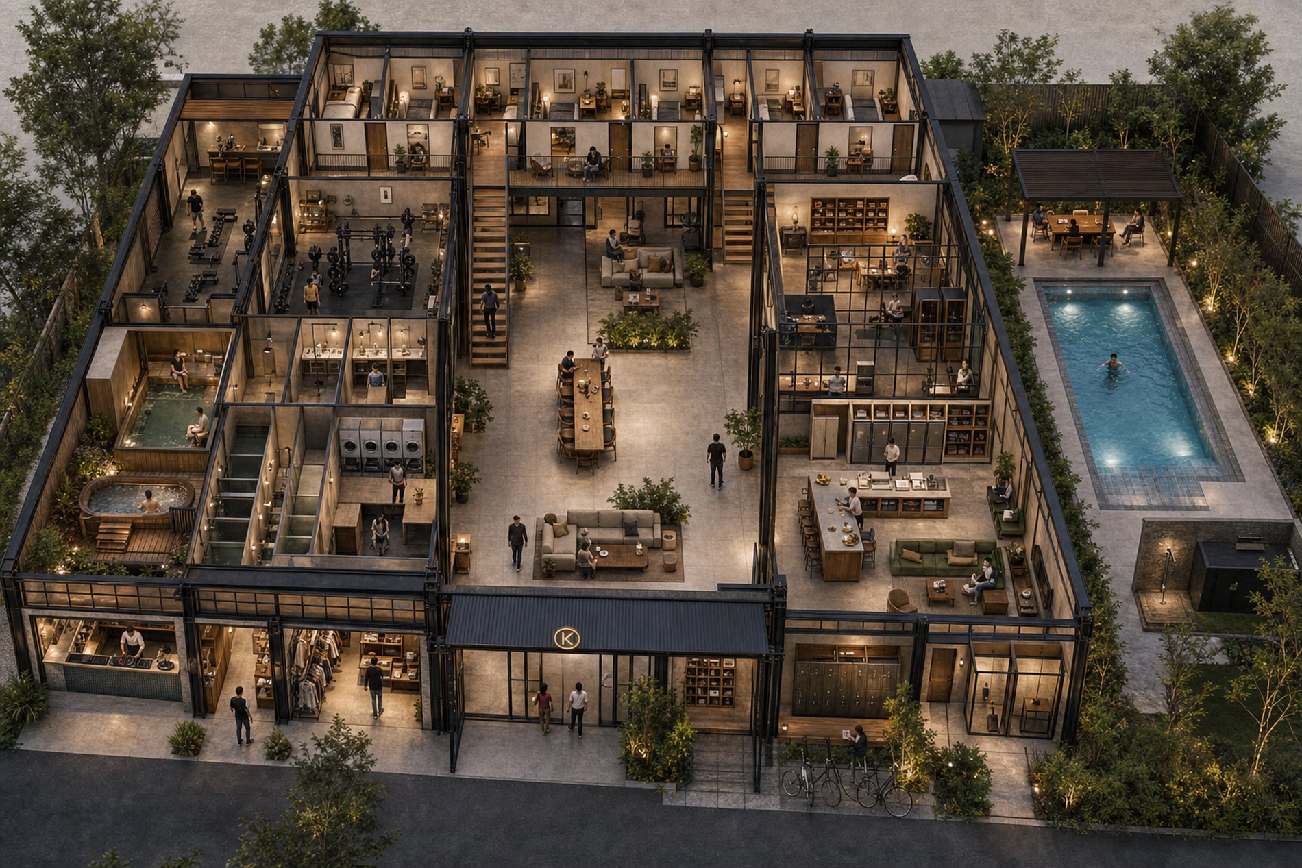 Concept visualization of a KEVIN house: private rooms above, and below them a Japanese bath, gym, kitchen, cowork and library, commons, and street-facing shops.