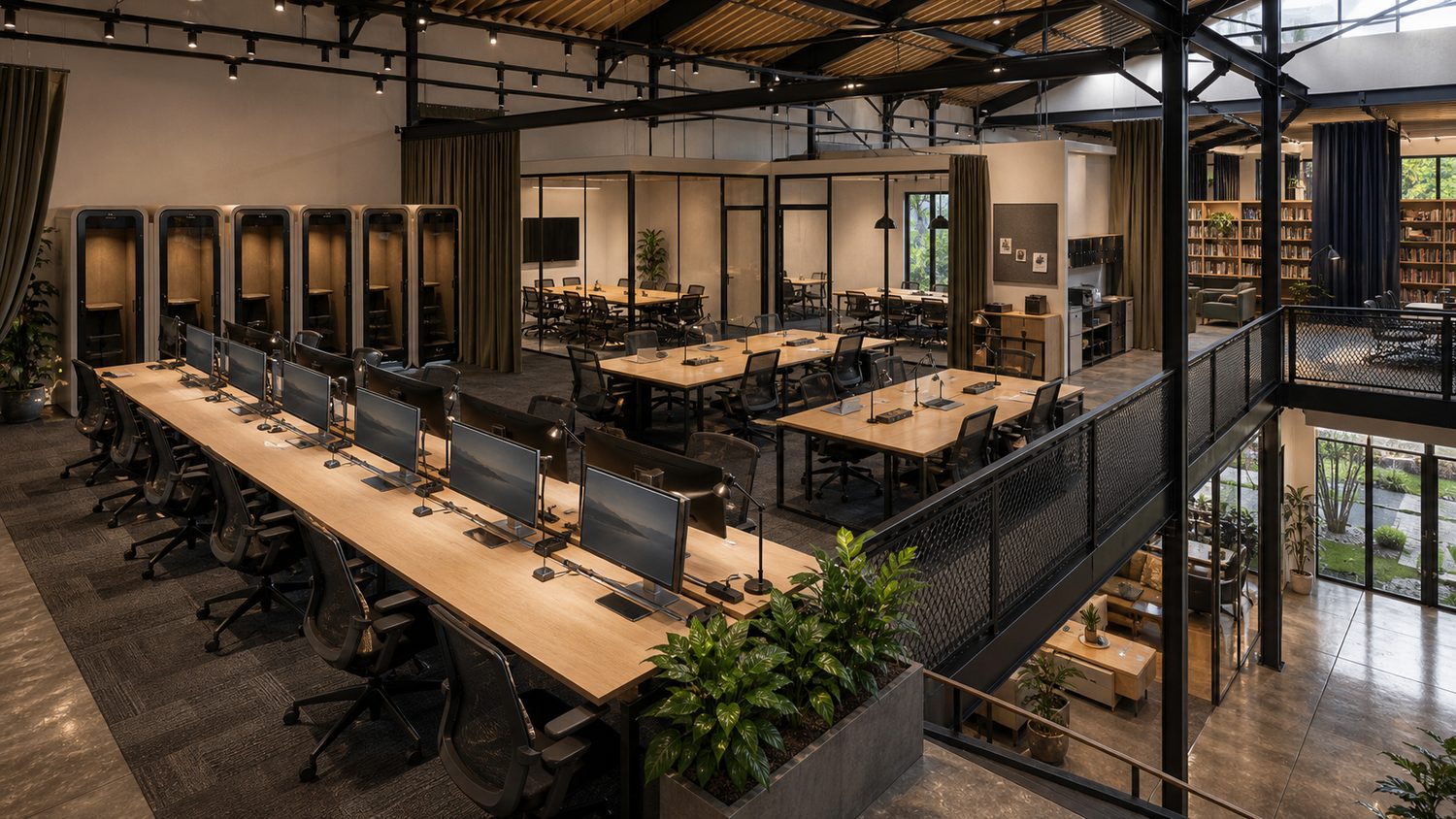 Concept visualization of the cowork library: long rows of hard-wired desks with monitors and task chairs on two levels, bookshelves along the back wall, behind glass.