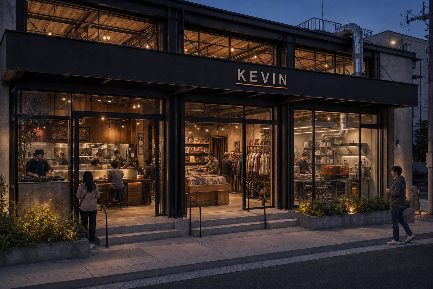 Concept visualization of a KEVIN street frontage at dusk, with a small restaurant, a record and vintage shop, and a workshop behind glass.
