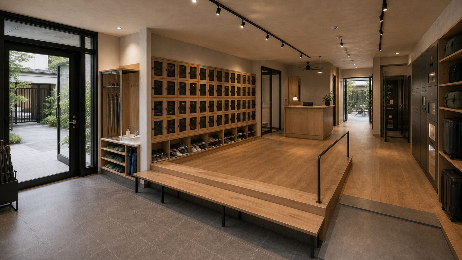 Concept visualization of the genkan: a raised timber step-up, a full wall of shoe lockers, and the reception desk beyond, opening to a planted courtyard.