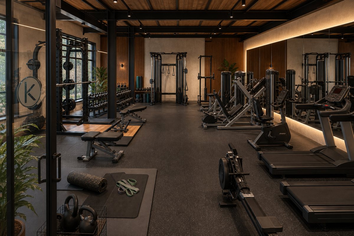 Concept visualization of the gym: racks, free weights, selectorized machines and cardio equipment.