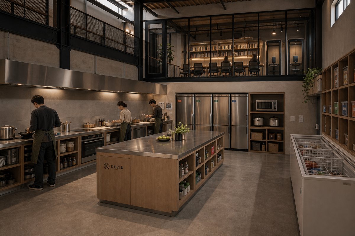 Concept visualization of the shared kitchen with a long island, multiple induction stations, full-height refrigerators and pantry boxes, with a cowork library visible above.