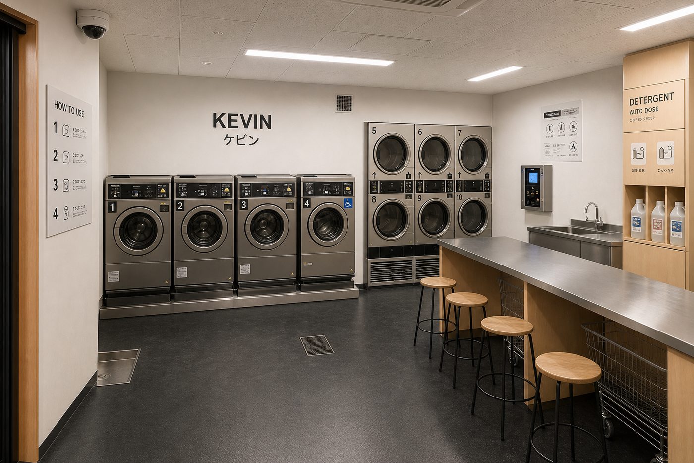 Concept visualization of the laundry: a row of washers and stacked dryers, a folding counter with stools, and posted instructions under the KEVIN mark.