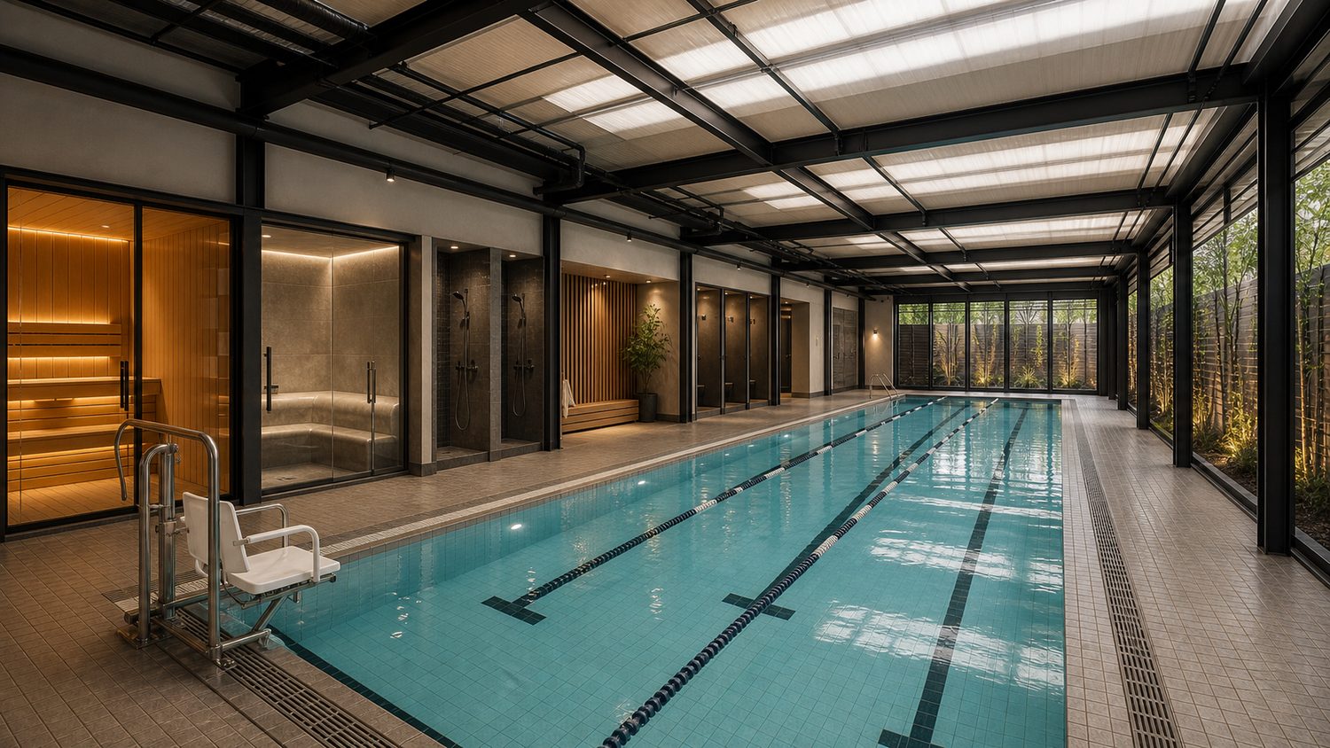 Concept visualization of the indoor lap pool under a glazed roof, with glass doors to a garden along one side.