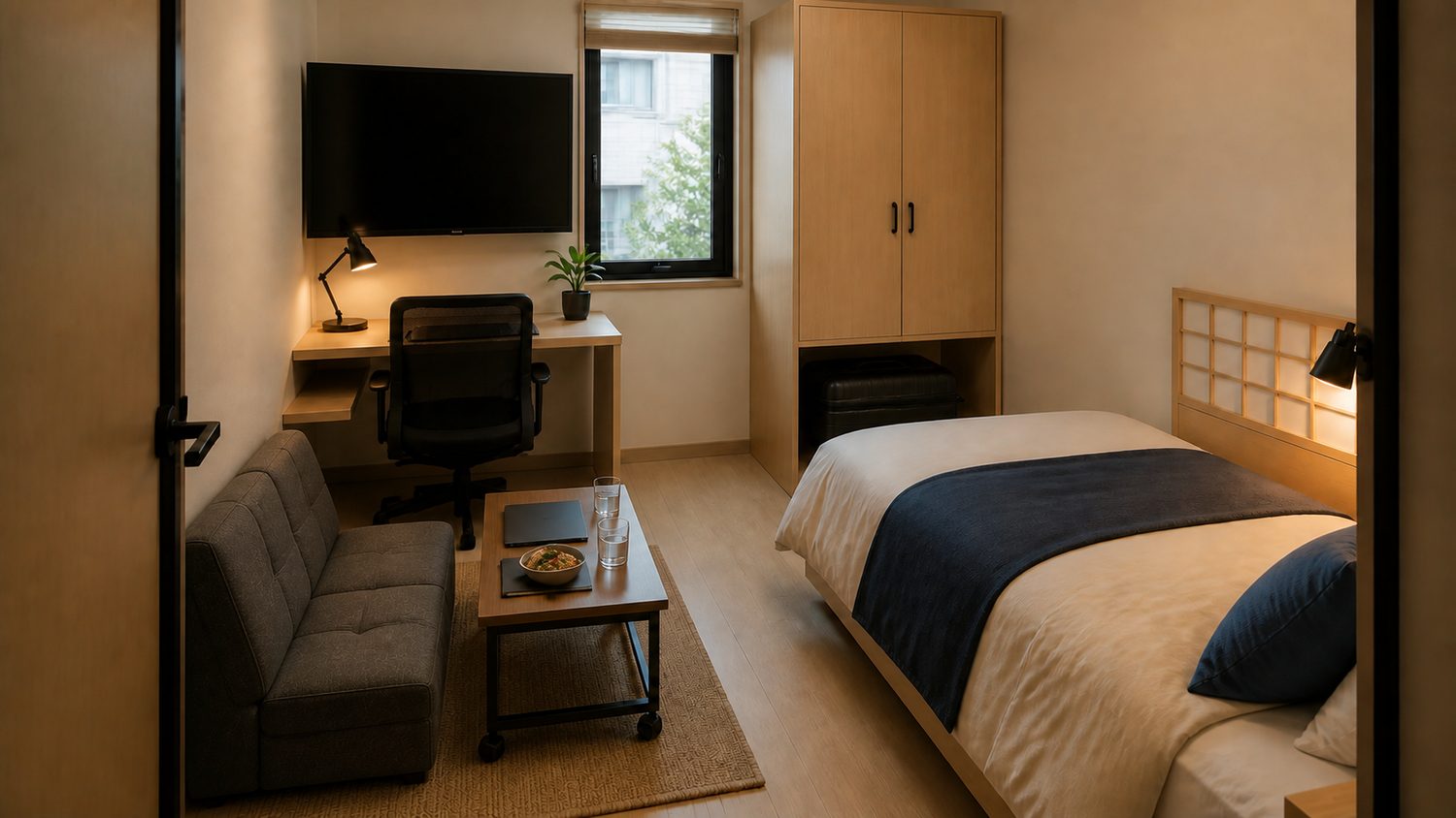 Concept visualization of a second KEVIN room finish: pale timber, a window to the street, single bed with a navy runner, wardrobe with luggage storage, desk and a low sofa.