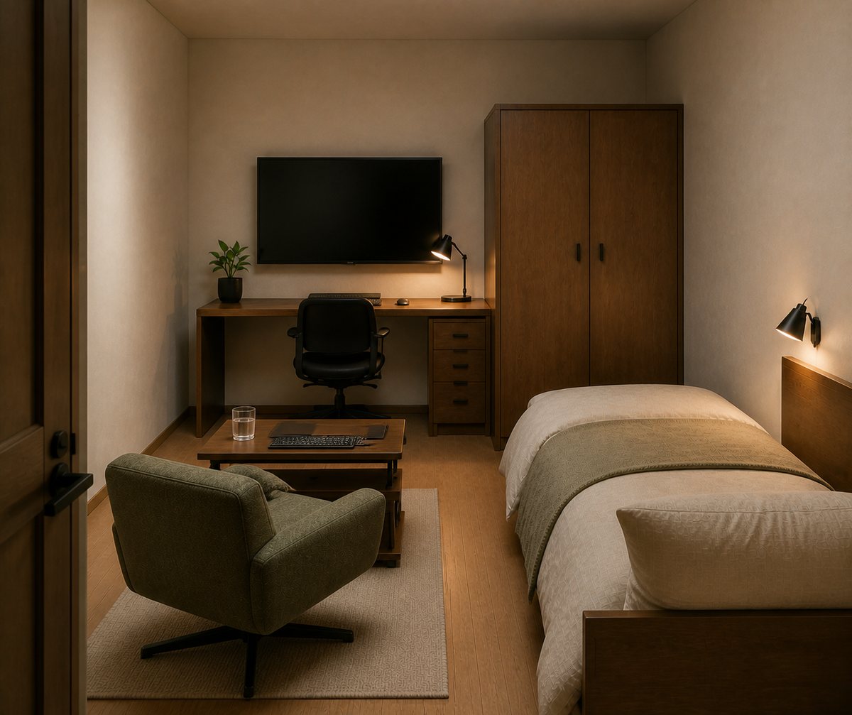 Concept visualization of a KEVIN private room: bed, wardrobe, floating desk with monitor, task chair and one armchair in warm wood.