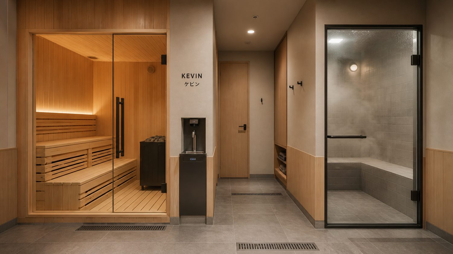 Concept visualization of the wellness corridor: a glass-fronted cedar sauna, a cold water station, and a tiled steam room opposite.