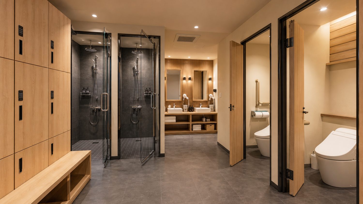 Concept visualization of the shared washroom: timber locker bank and bench, two glass shower rooms in dark tile, twin vanity with mirrors, and separate enclosed toilets.
